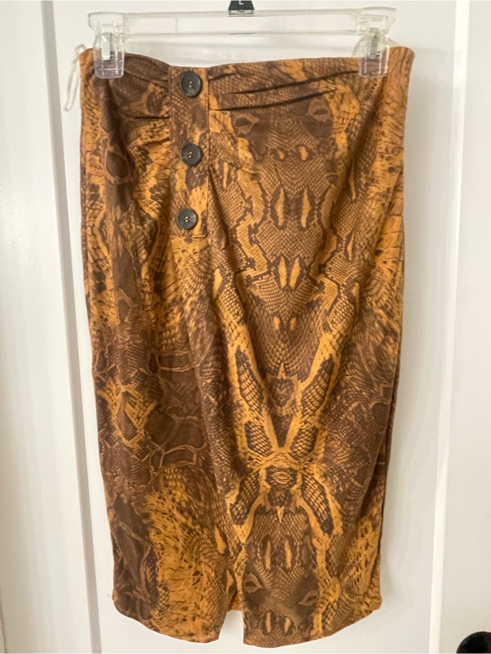 Haute Monde Pencil Skirt Rust Brown Snake-Print Skirt with Button Accents, New!